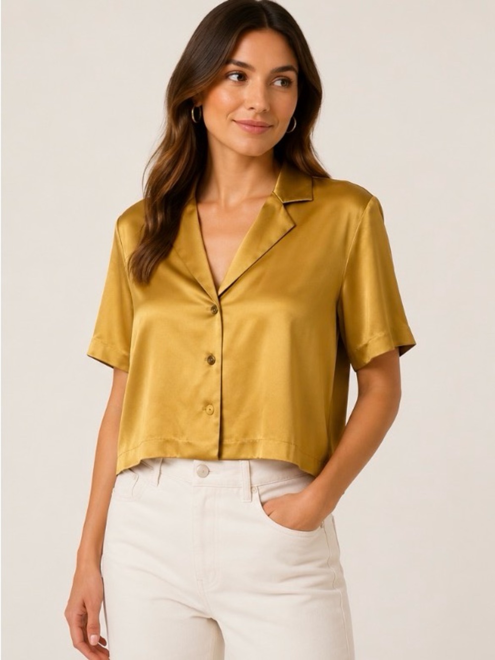 Babaton Gold Satin Short Sleeve Blouse Small